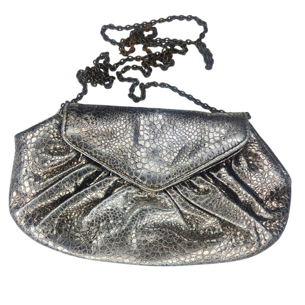 Lauren Merkin Silver Leather Convertible Clutch Purse Envelope Texture